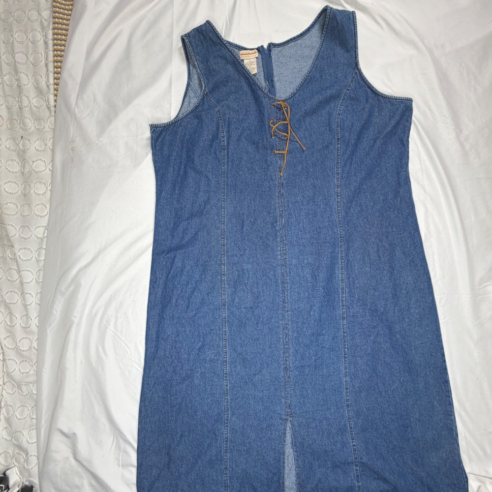 Expressions Denim Lace Up Maxi Dress 3X Blue Sleeveless V Neck Split